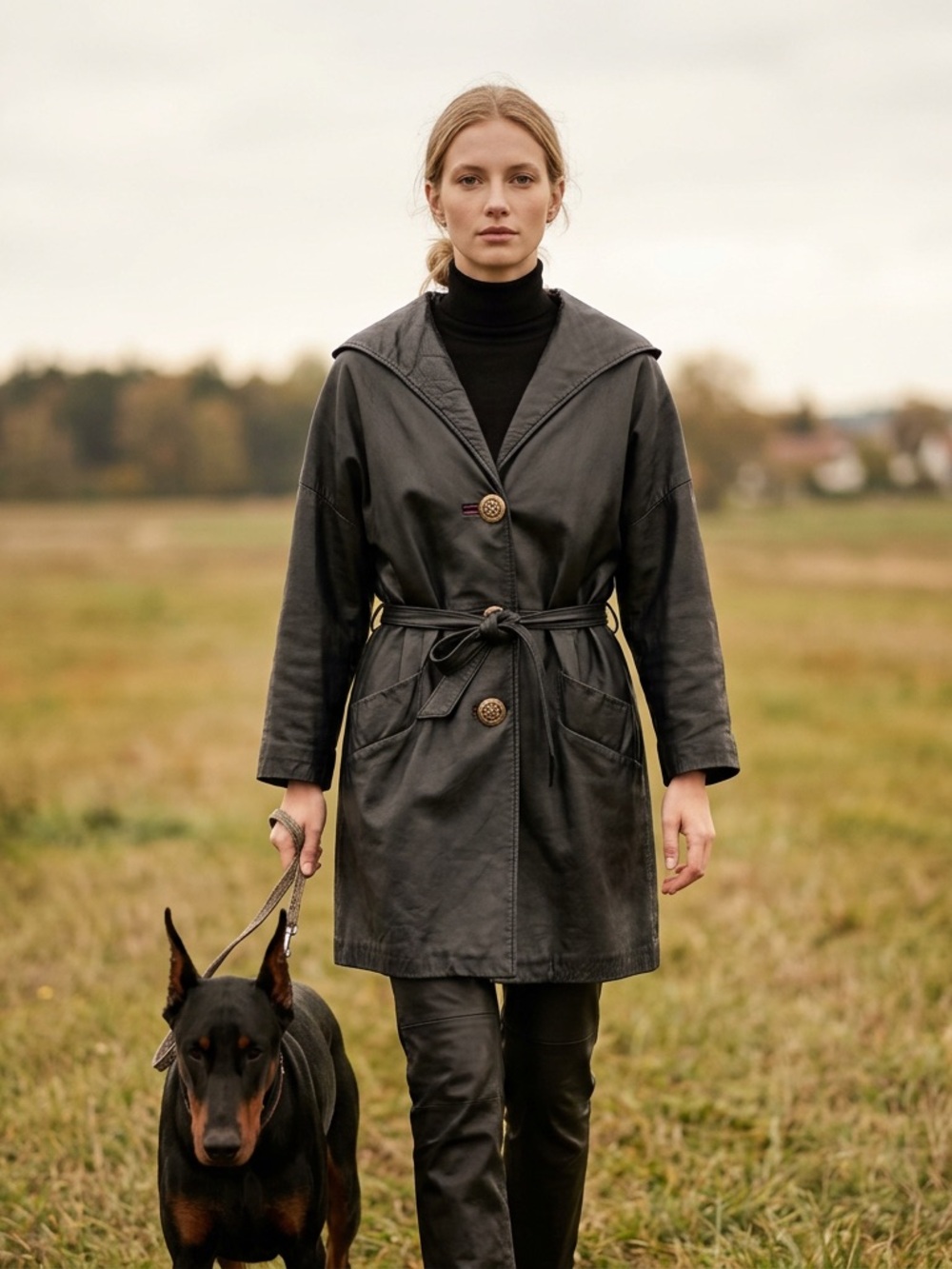 Vintage Black Leather Trench Coat Women Red Lining Dolman‎ Sleeve Belted Jacket